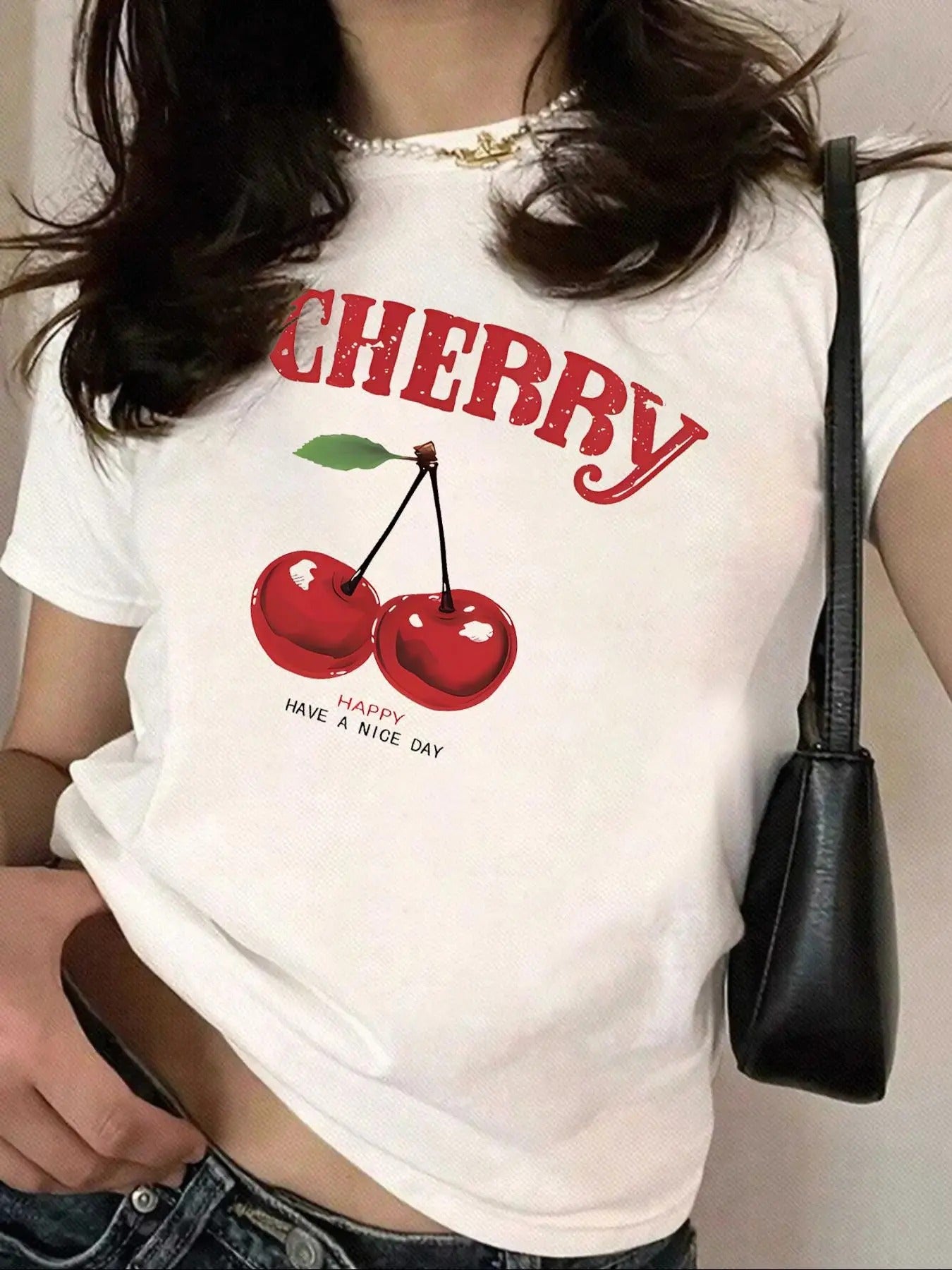Women'WB shield Cherry & Letter Print Round Neck Tee, Fashion Casual Short Sleeve T-shirt, Ladies Summer TNF for Daily...