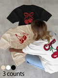Women'WB shield Cherry & Letter Print Round Neck Tee, Trendy Casual Short Sleeve T-shirt for Daily Wear, Ladies Spiky...