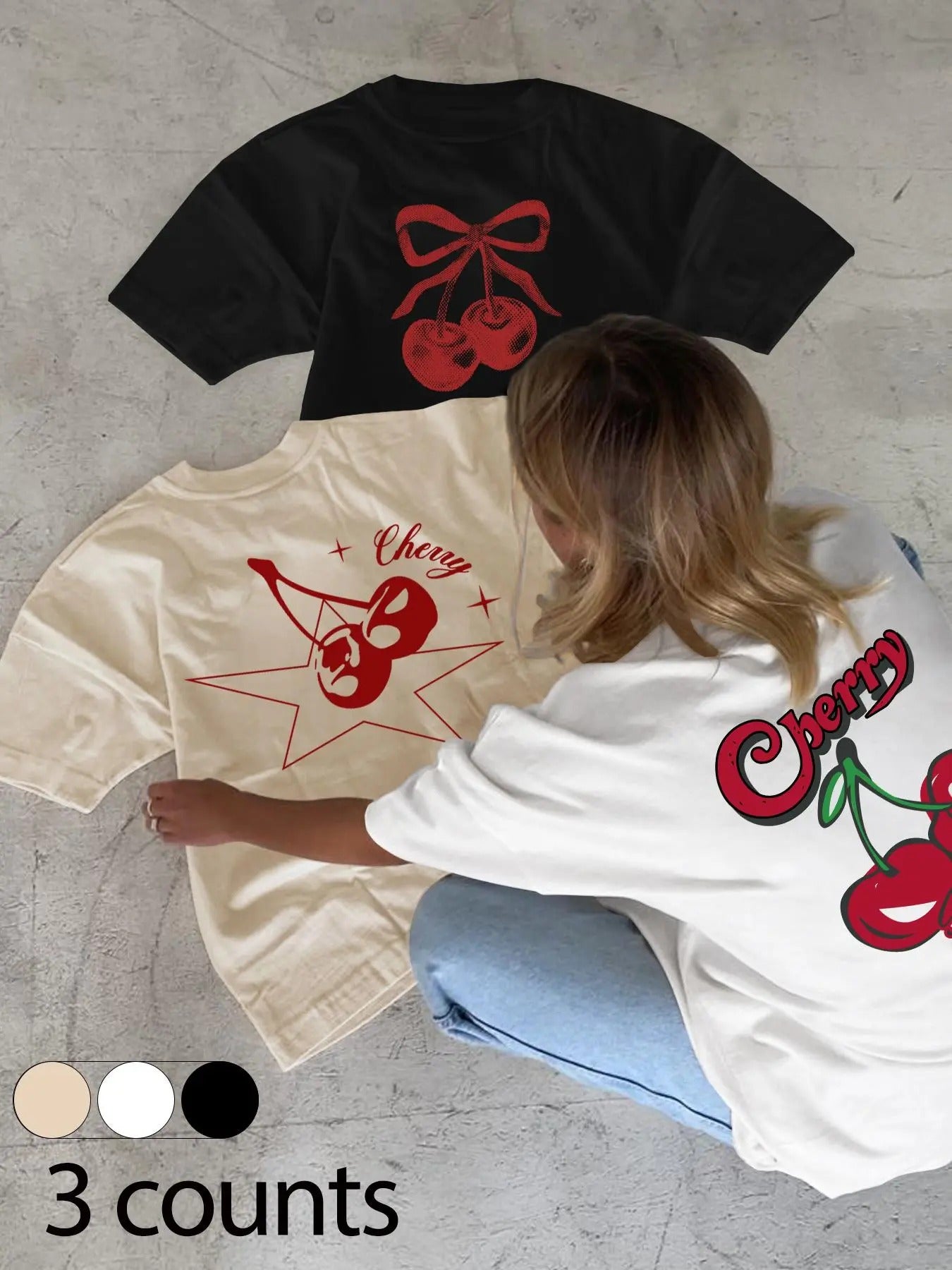 Women'WB shield Cherry & Letter Print Round Neck Tee, Trendy Casual Short Sleeve T-shirt for Daily Wear, Ladies Spiky...