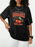 Women'WB shield Cherry & Letter Print Round Neck Tee, Vintage Trendy Casual Short Sleeve T-shirt for Daily Wear, Ladies...