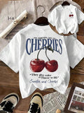 Women'WB shield Cherry & Letter Print Round Neck Tee, Vintage Trendy Casual Short Sleeve T-shirt for Daily Wear, Ladies...