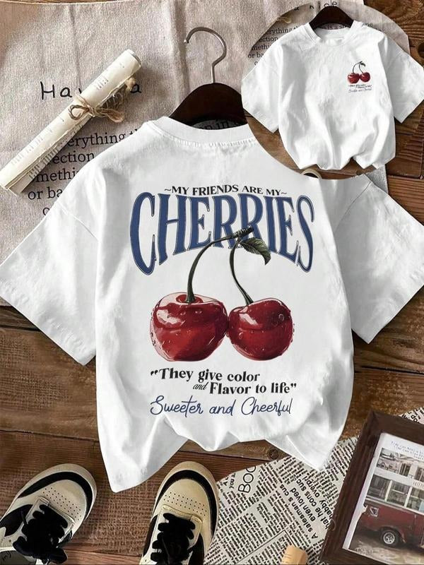 Women'WB shield Cherry & Letter Print Round Neck Tee, Vintage Trendy Casual Short Sleeve T-shirt for Daily Wear, Ladies...