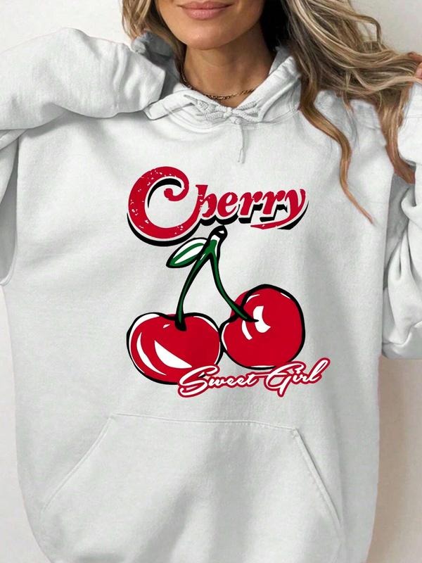 Women'WB shield Cherry & Letter Print Sweatshirt, Casual Long Sleeve Pullover Hoodie for Daily Wear, Ladies TNF for Spiky...