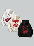 Women'WB shield Cherry & Letter Print TNF Lined Hoodie, Fashion Casual Drawstring Pocket Hooded Sweatshirt for Daily...