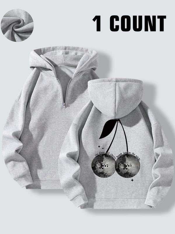 Women'WB shield Cherry & Letter Print Zip Up Hoodie, Casual Drop Shoulder Long Sleeve Hooded Sweatshirt for Fall &...