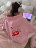 Women'WB shield Cherry & Lightsaber brand Print Drop Shoulder Hoodie, Fashion Casual Letter Print Kangaroo Pocket...