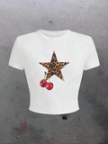 Women'WB shield Cherry & Lightsaber brand Print Round Neck Tee, Fashion Casual Crew Neck T-shirt for Daily Holiday...
