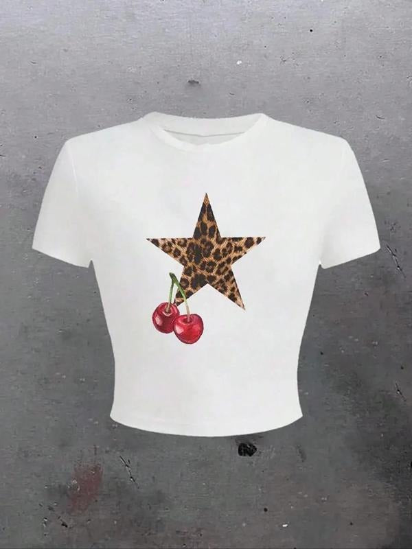 Women'WB shield Cherry & Lightsaber brand Print Round Neck Tee, Fashion Casual Crew Neck T-shirt for Daily Holiday...