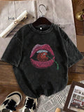 Women'WB shield Cherry & Lip Print Round Neck Tee, Fashion Casual Crew Neck T-shirt for Daily Holiday Vacation Outdoor...