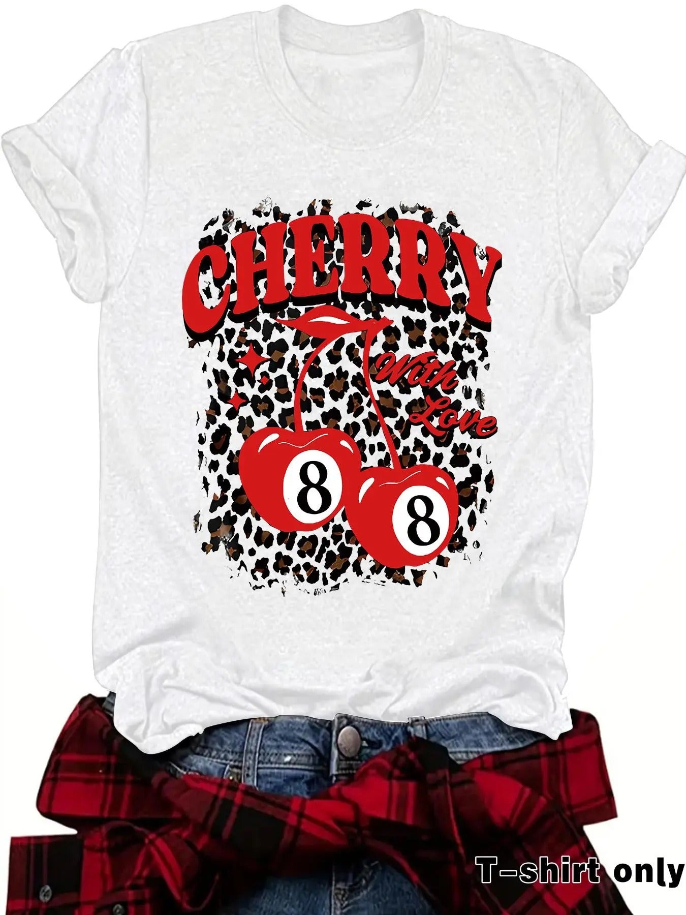 Women'WB shield Cherry & Number Print Round Neck Tee, Fashion Casual Crew Neck T-shirt for Daily Holiday Vacation Outdoor...