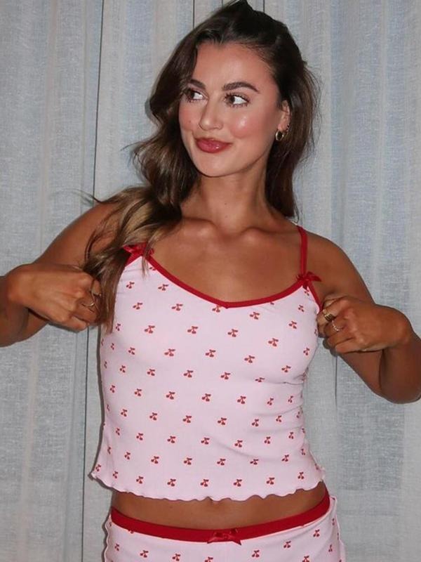 Women'WB shield Cherry Print Cami Top, Curvy Casual Sleeveless Strap Top for Summer, Women'WB shield Sleepwear for Indoor...