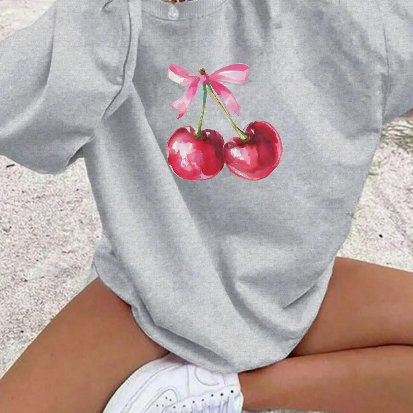 Women'WB shield Cherry Print Crew Neck Sweatshirt, Casual Drop Shoulder Long Sleeve Pullover, Women'WB shield Fall &...