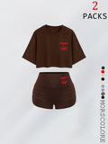 Women'WB shield Cherry Print Crop Tee & Skinny Shorts, Casual Fashion Cozy Round Neck Short Sleeve T-Shirt & Shorts for...