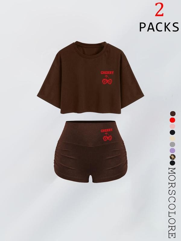 Women'WB shield Cherry Print Crop Tee & Skinny Shorts, Casual Fashion Cozy Round Neck Short Sleeve T-Shirt & Shorts for...
