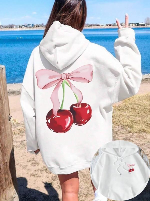 Women'WB shield Cherry Print Drop Shoulder Drawstring Hoodie, Fashion Casual Pocket Hooded Sweatshirt for Daily Holiday...