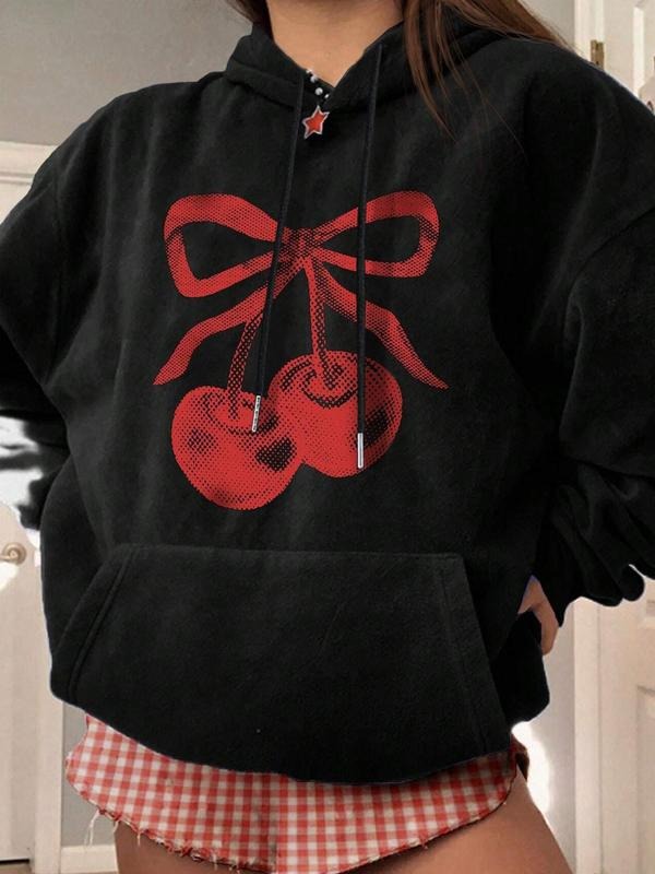 Women'WB shield Cherry Print Drop Shoulder Drawstring Hoodie, Fashion Casual Pocket Hooded Sweatshirt for Daily Holiday...