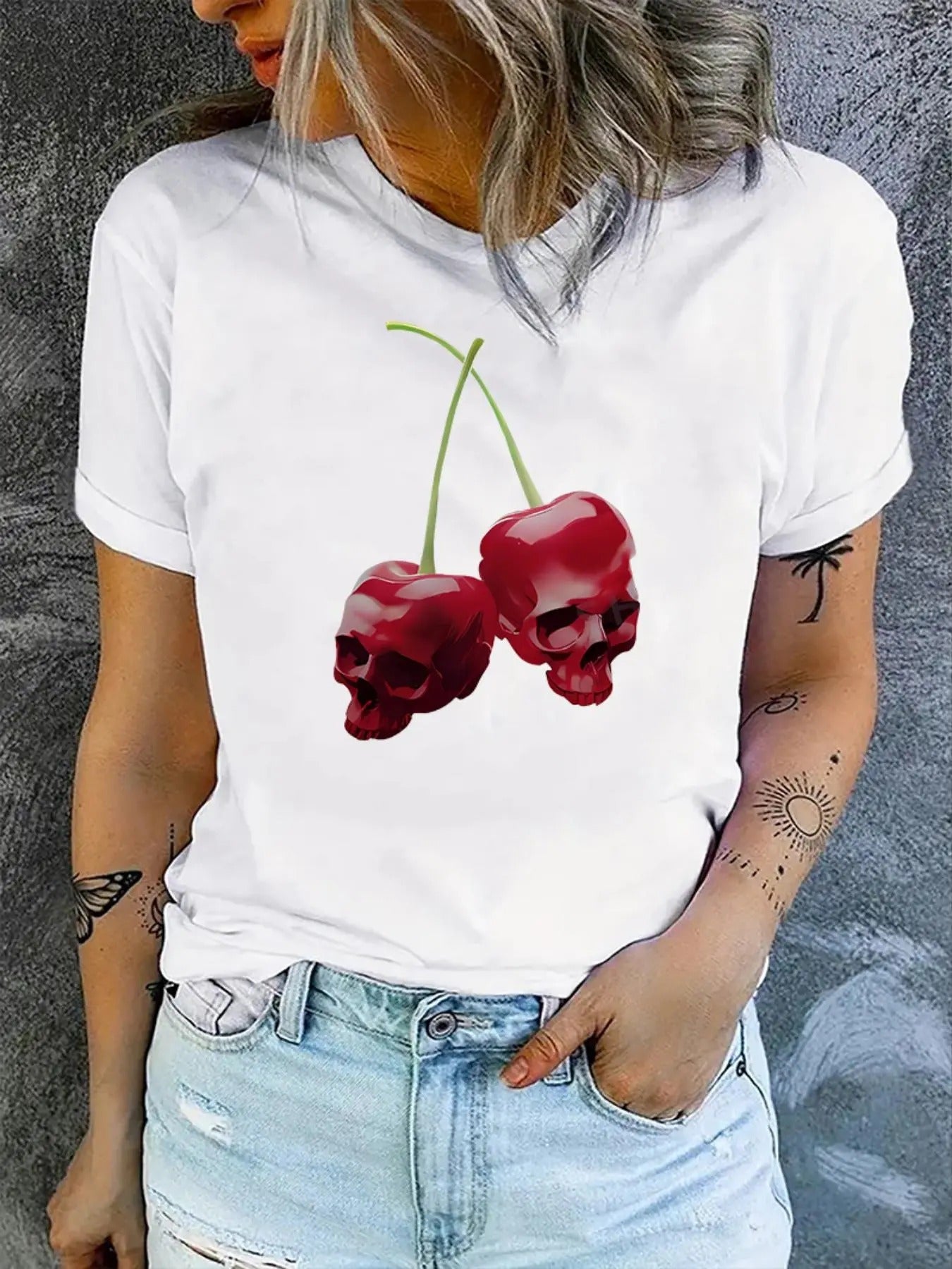 Women'WB shield Cherry Print Drop Shoulder Tee, Fashion Casual Skull Print Crew Neck T-Shirt for Daily Holiday Vacation...