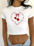 Women'WB shield Cherry Print Round Neck Crop Tee, Casual Slim-fitting Short Sleeve T-shirt, Ladies Summer TNF for Daily...