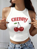 Women'WB shield Cherry Print Round Neck Tank Top, Casual Sleeveless Crew Neck Top for Summer, Ladies TNF for Daily Wear,...