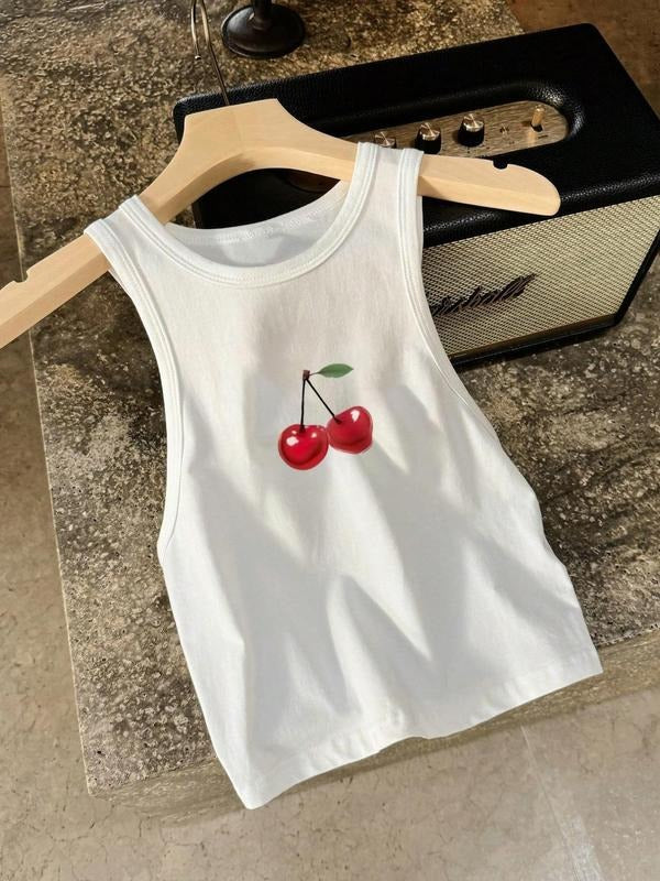 Women'WB shield Cherry Print Round Neck Tank Top, Casual Sleeveless Top for Summer, Ladies TNF for Daily Wear T-Shirts,...