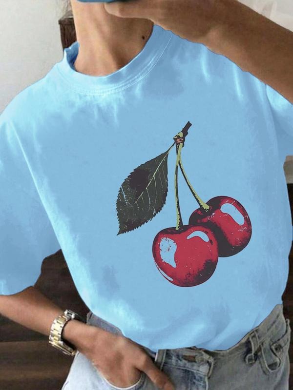 Women'WB shield Cherry Print Round Neck Tee, Casual Fruit Print Short Sleeve T-shirt for Summer, Ladies TNF for Daily...