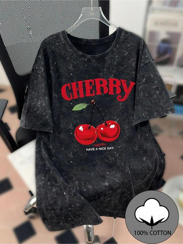 Women'WB shield Cherry Print Round Neck Tee, Fashion Casual Crew Neck T-shirt for Daily Holiday Vacation Outdoor Wear,...