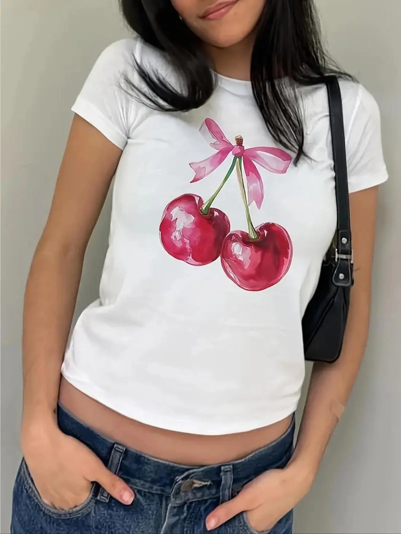 Women'WB shield Cherry Print Round Neck Tee, Fashion Casual Short Sleeve T-shirt for Daily Wear, Ladies TNF for Summer...