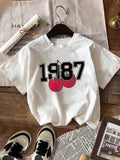 Women'WB shield Cherry Print Round Neck Tee, Vintage Trendy Casual Short Sleeve T-shirt for Daily Wear, Ladies Summer...