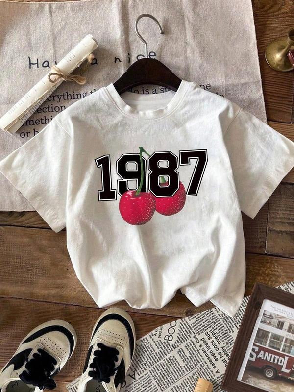 Women'WB shield Cherry Print Round Neck Tee, Vintage Trendy Casual Short Sleeve T-shirt for Daily Wear, Ladies Summer...