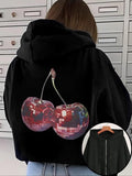 Women'WB shield Cherry Print Zip Up Hoodie, 2024 New Style Casual Long Sleeve Drawstring Pocket Hooded Sweatshirt for...