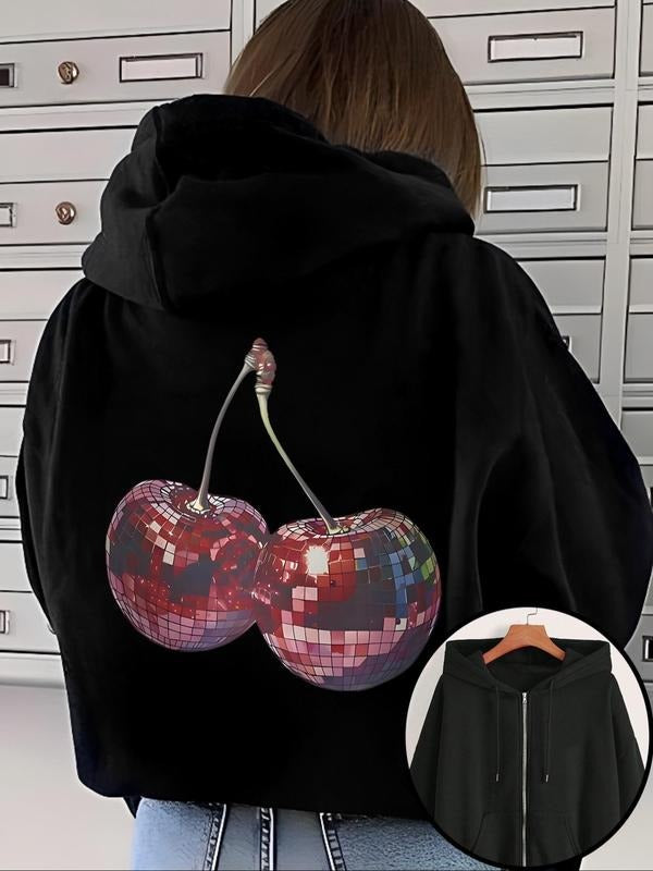 Women'WB shield Cherry Print Zip Up Hoodie, 2024 New Style Casual Long Sleeve Drawstring Pocket Hooded Sweatshirt for...