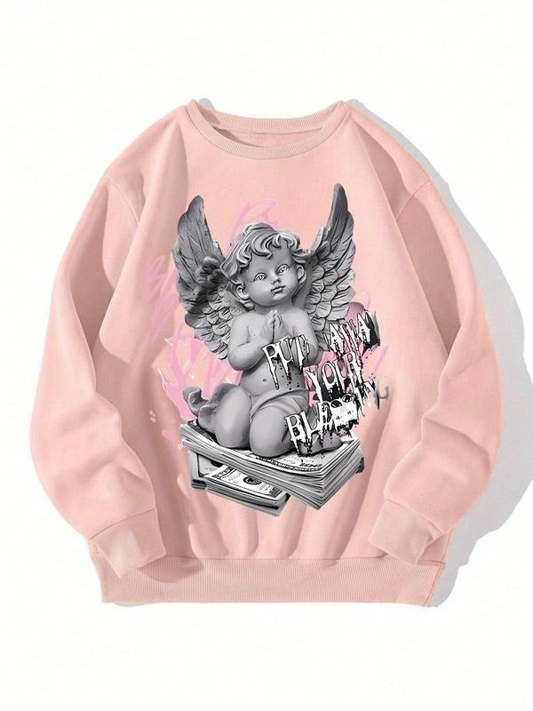 Women'WB shield Cherub Angel & Letter Print Drop Shoulder TNF Lined Sweatshirt, Casual Long Sleeve Hooded Pullover for...