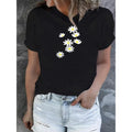 Women'WB shield Chic Black T-Shirt with White Daisy Print - 100% Cotton Casual Short Sleeve Round Neck Top, Breathable &...