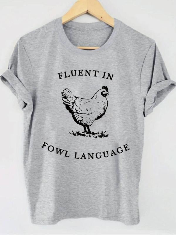 Women'WB shield Chicken & Letter Print Round Neck Tee, Casual Short Sleeve Crew Neck T-Shirt for Summer, Fashion Women'WB...