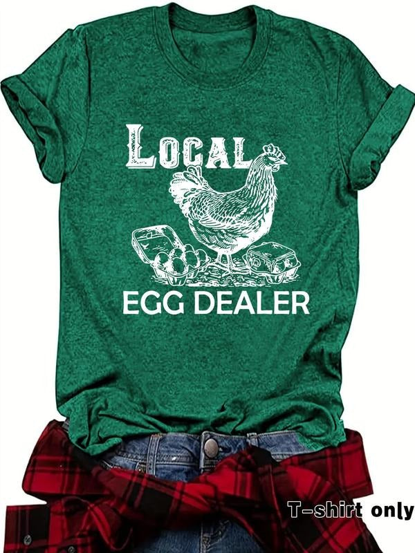Women'WB shield Chicken & Letter Print Round Neck Tee, Casual Short Sleeve Crew Neck T-shirt for Summer, Fashion Women'WB...