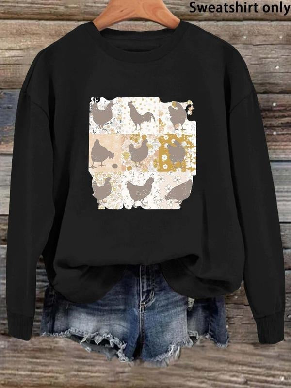 Women'WB shield Chicken Print Drop Shoulder Sweatshirt, Casual Long Sleeve Round Neck Pullover For Daily Wear, Ladies TNF...