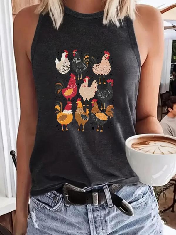 Women'WB shield Chicken Print Round Neck Tank Top, Casual Sleeveless Top for Summer, Ladies TNF for Daily Wear, Socks...