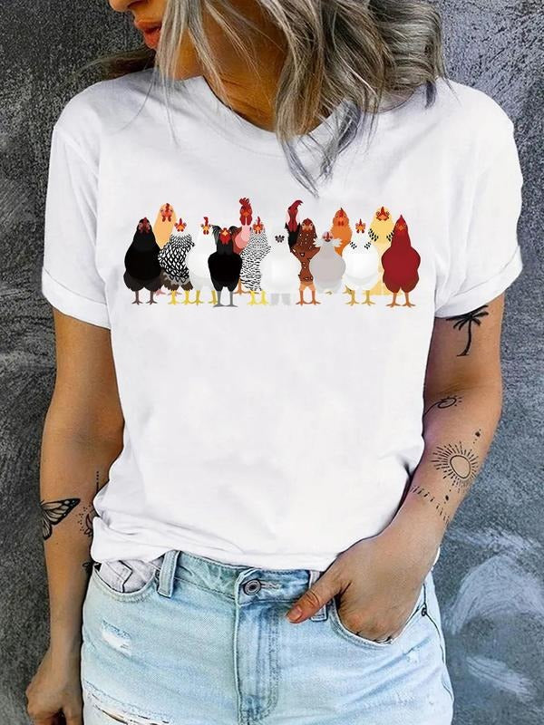 Women'WB shield Chicken Print Round Neck Tee, Casual Crew Neck Short Sleeve T-shirt, Ladies TNF for Summer Daily Wear...