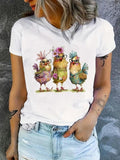 Women'WB shield Chicken Print Round Neck Tee, Fashion Casual Crew Neck T-shirt for Daily Holiday Vacation Outdoor Wear,...