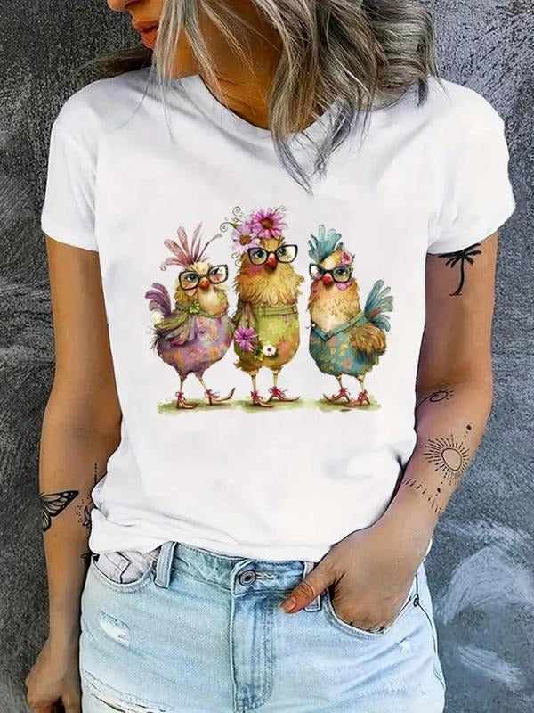 Women'WB shield Chicken Print Round Neck Tee, Fashion Casual Crew Neck T-shirt for Daily Holiday Vacation Outdoor Wear,...