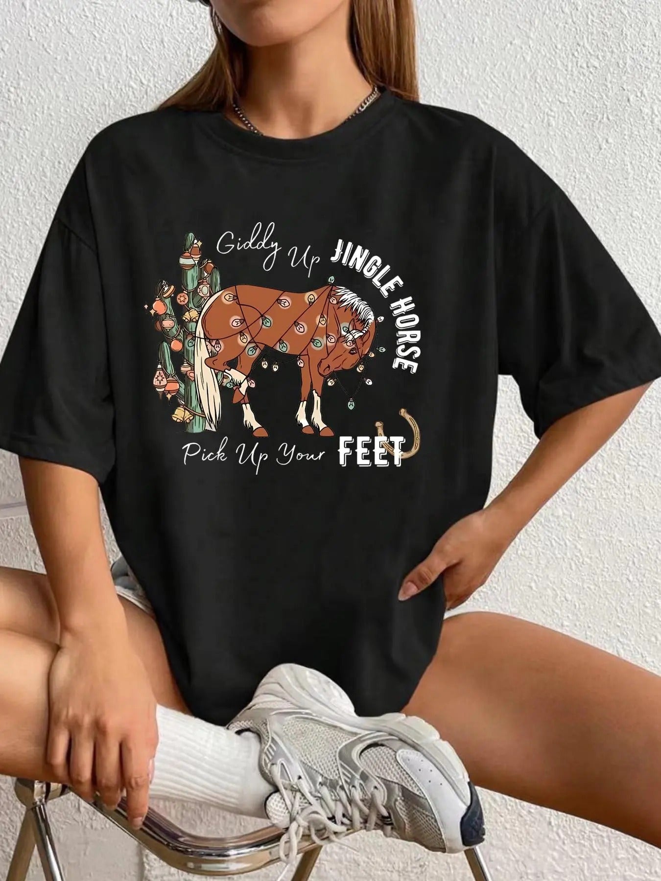 Women'WB shield Christmas Animal & Letter Print Drop Shoulder Tee, Casual Half Sleeve Round Neck T-shirt for Summer,...