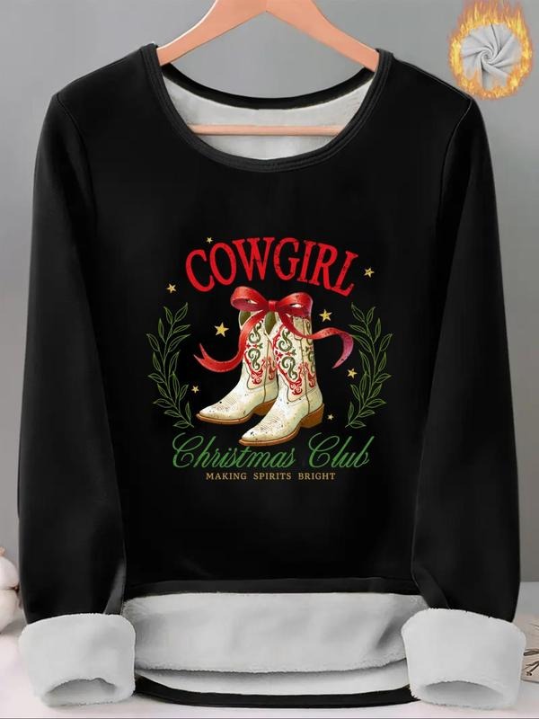 Women'WB shield Christmas Boot & Letter Print TNF Lined Tee, Casual Long Sleeve Round Neck T-shirt for Fall & Winter,...