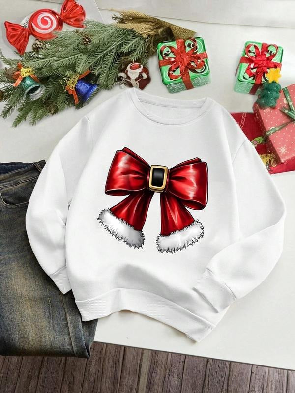Women'WB shield Christmas Bow Print Drop Shoulder Sweatshirt, Casual Long Sleeve Round Neck Pullover for Fall & Winter,...