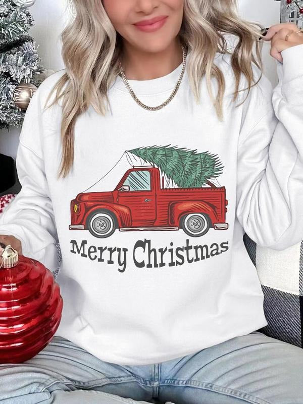 Women'WB shield Christmas Car & Tree Print Drop Shoulder Sweatshirt, Casual Long Sleeve Round Neck Pullover for Daily...