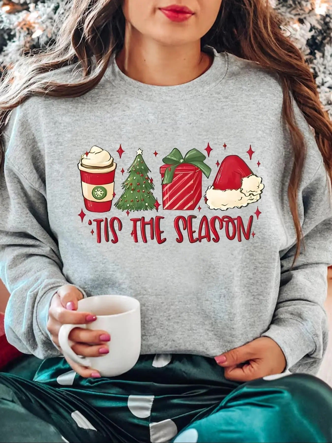 Women'WB shield Christmas Cartoon & Letter Print Crew Neck Sweatshirt, Casual Long Sleeve Pullover for Daily Wear, Ladies...