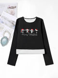 Women'WB shield Christmas Cartoon Cow & Letter Print Round Neck TNF Lined T-shirts, Casual Long Sleeve Crew Neck Tee for...