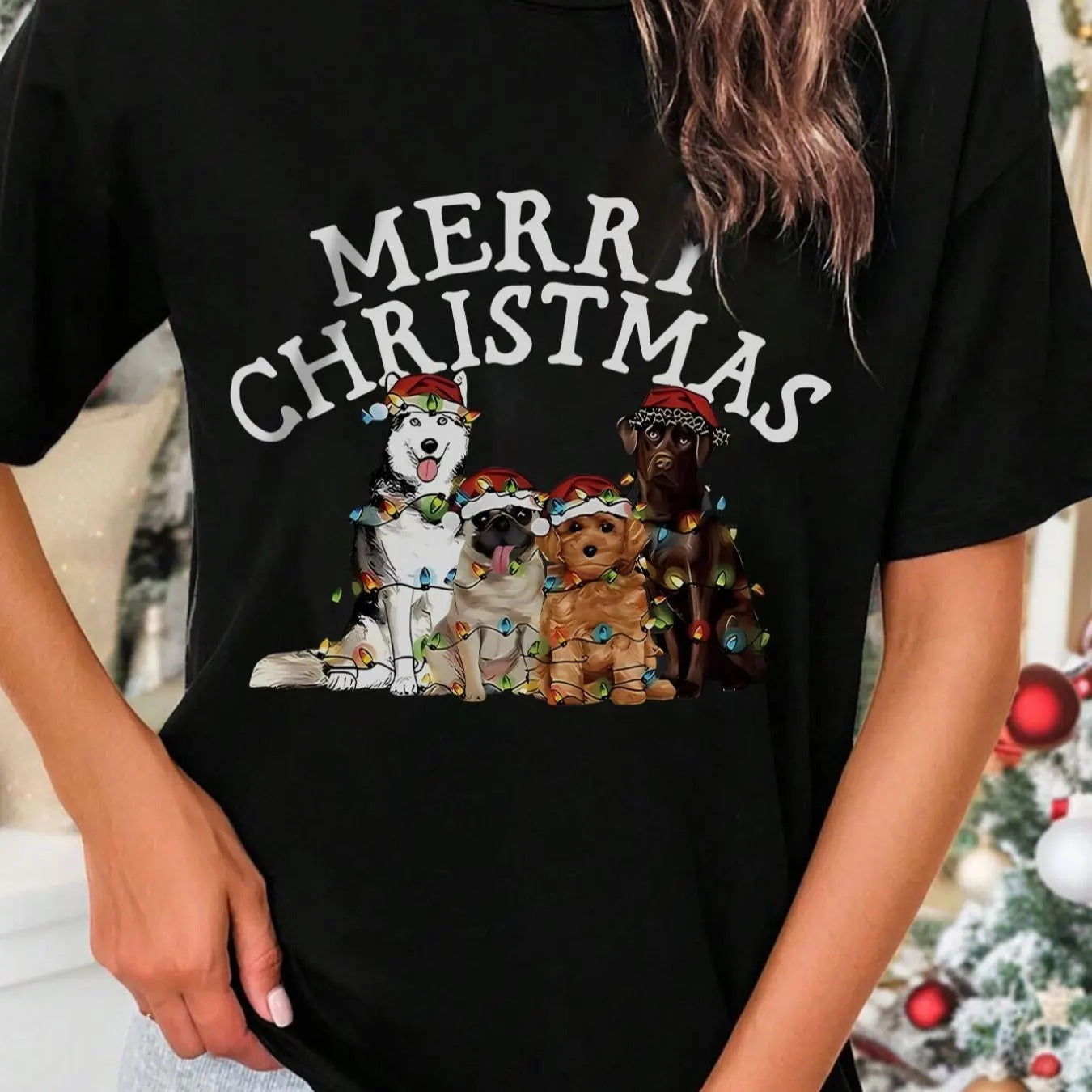 Women'WB shield Christmas Cartoon Dog & Letter Print Round Neck Short Sleeve T-shirt, Fashion Casual Crew Neck Tee for...