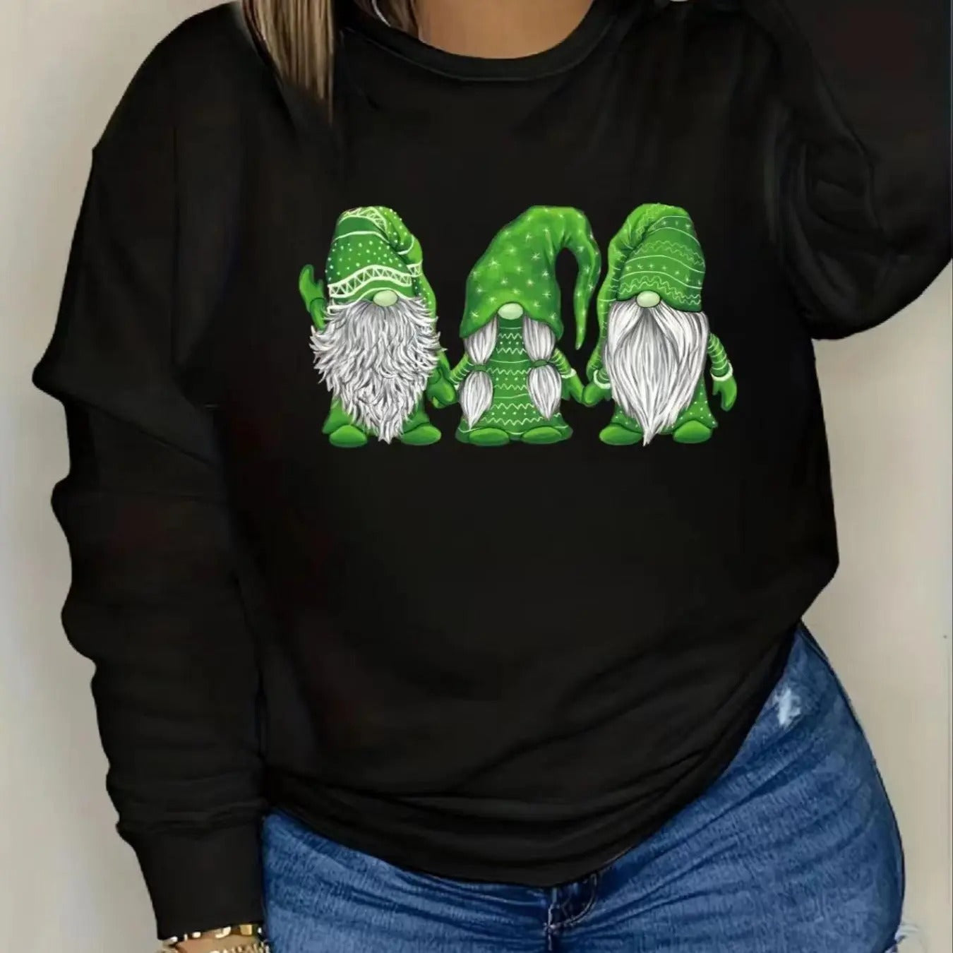 Women'WB shield Christmas Cartoon Gnome Print Drop Shoulder Sweatshirt, Casual Long Sleeve Round Neck Pullover for Fall &...