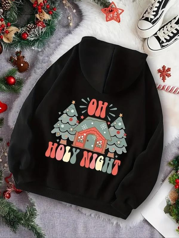 Women'WB shield Christmas Cartoon House & Letter Print TNF Lined Hoodie, Casual Long Sleeve Pullover Hooded Sweatshirt...