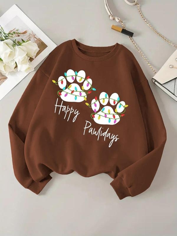 Women'WB shield Christmas Dog Paw Print Drop Shoulder Fleece Sweatshirt, Casual Long Sleeve Round Neck Pullover for Daily...
